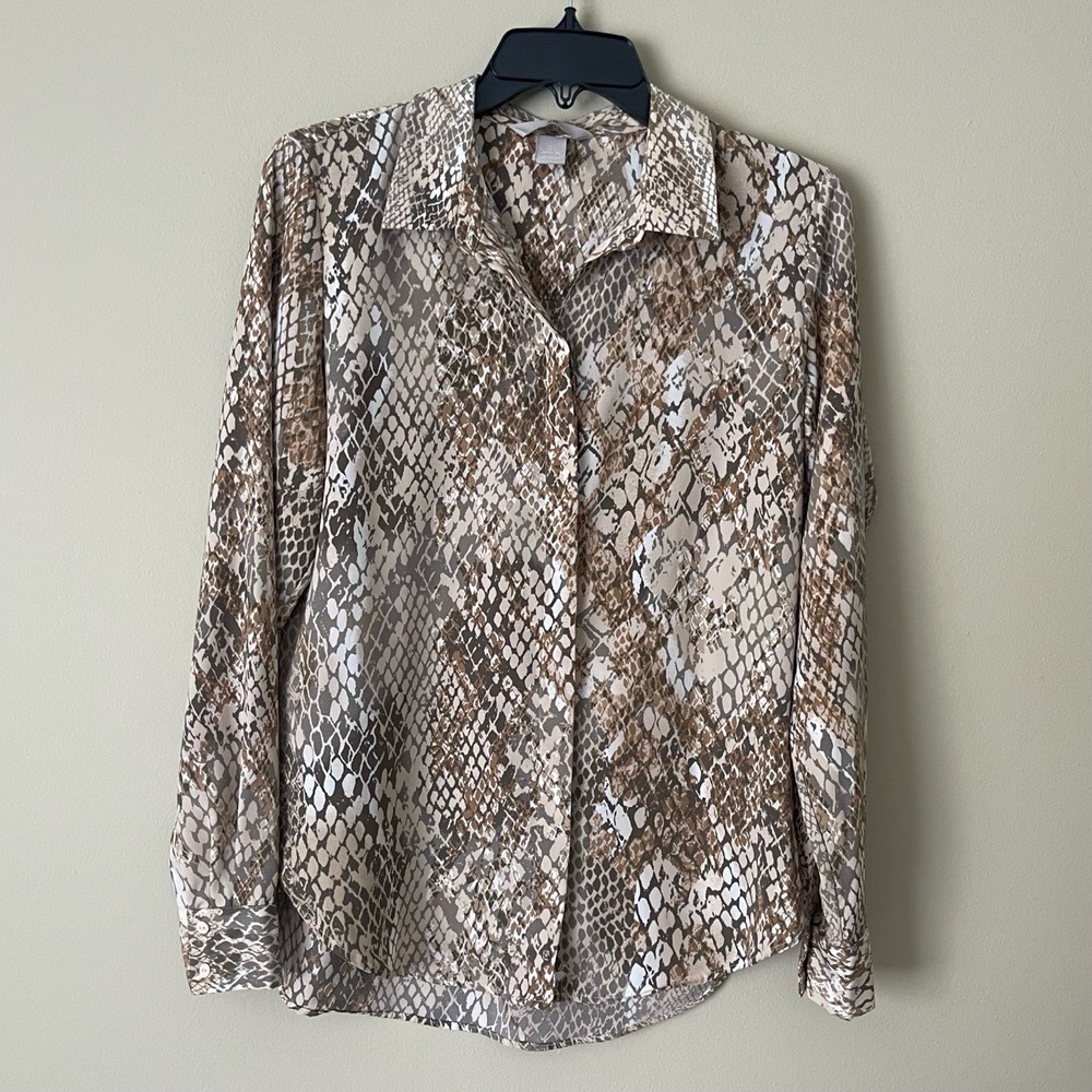 H&M Blouse Womens Buttondown Long Sleeve Collared Snake Print‎ Satin Trendy